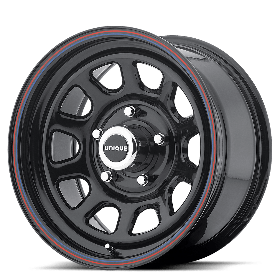 American Racing AR767 Gloss Black Steel With Red And Blue Stripe Wheel